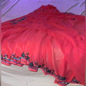 Peach boutique chiffon saree with blue sequins hand embroidery